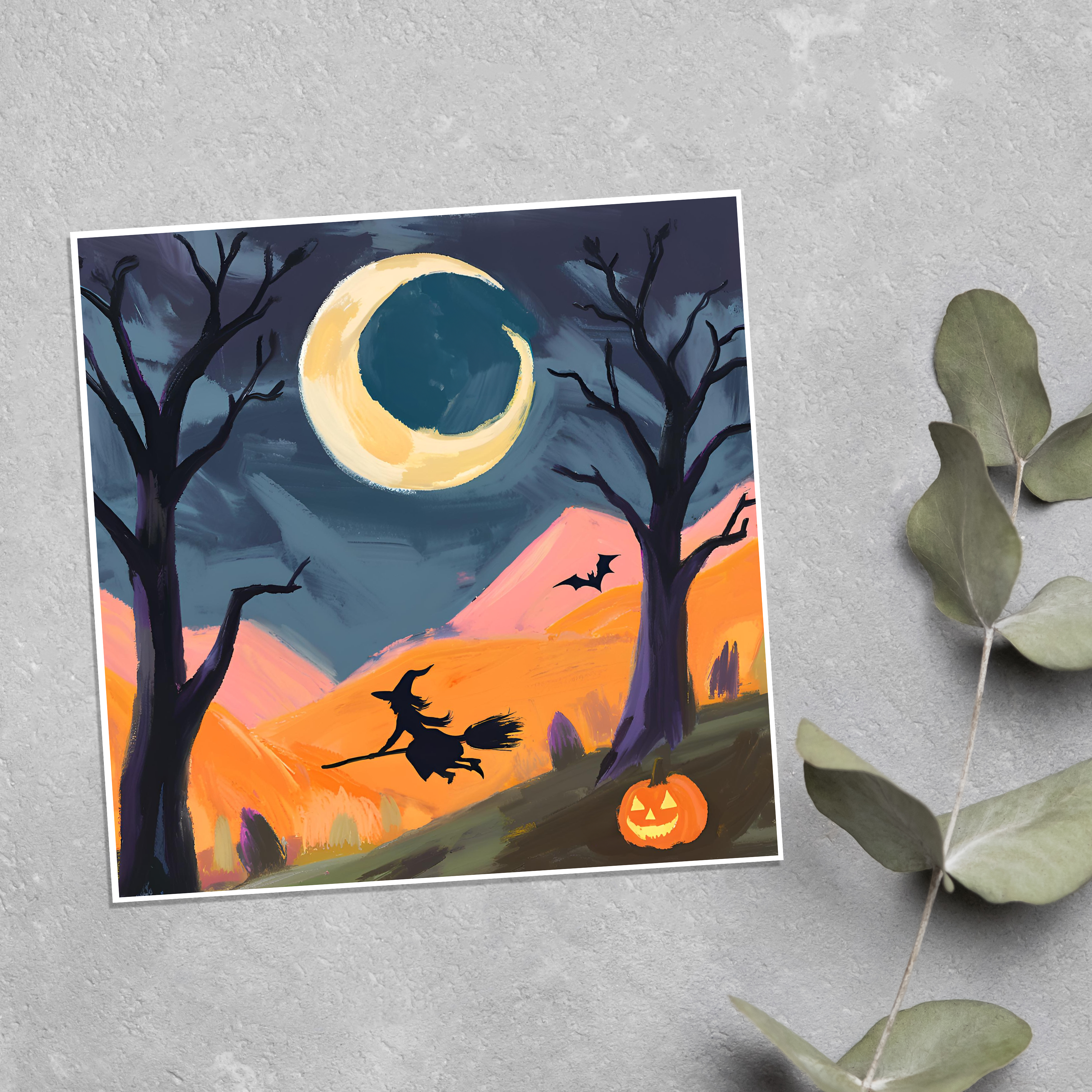 KalooMoon Art - Vendita all'ingrosso Biglietti di auguri di buone feste - Biglietto di Halloween: Piccola strega che vola sulla scopa di notte1