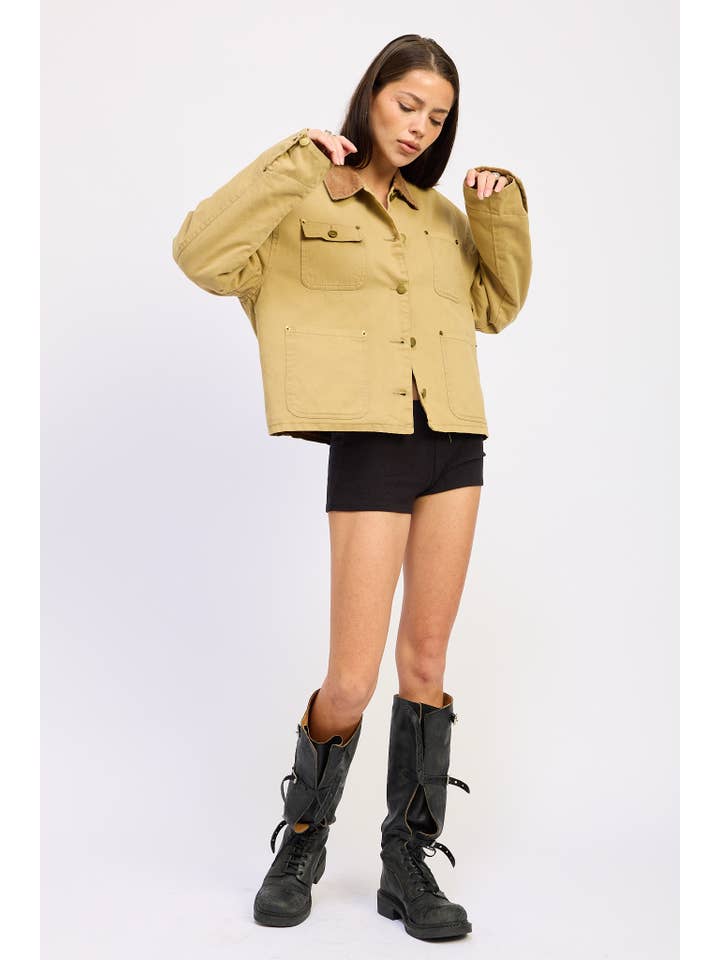 OLIVE KHAKI COMBO CHORE JACKET WITH POCKETS for wholesale on Faire6