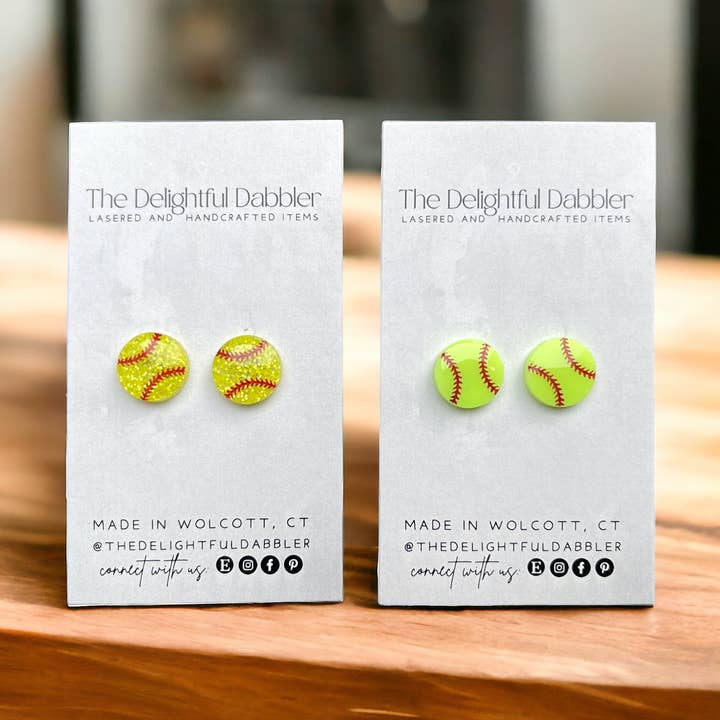 Sports Earrings - Acrylic Softball Studs for wholesale by The Delightful Dabbler LLC