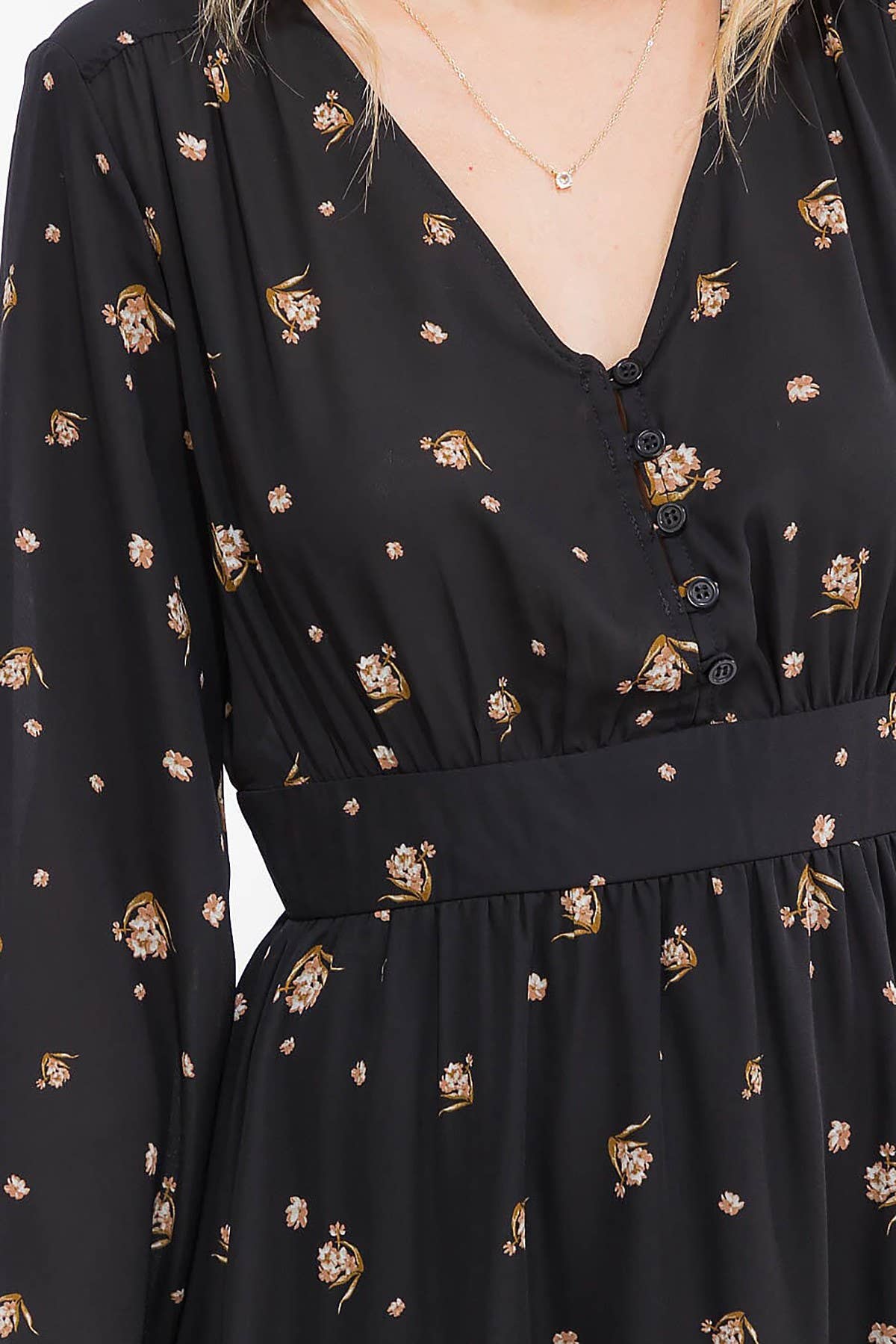 Black FLORAL PRINT V NECK BUTTON UP MIDI DRESS for wholesale on Faire3
