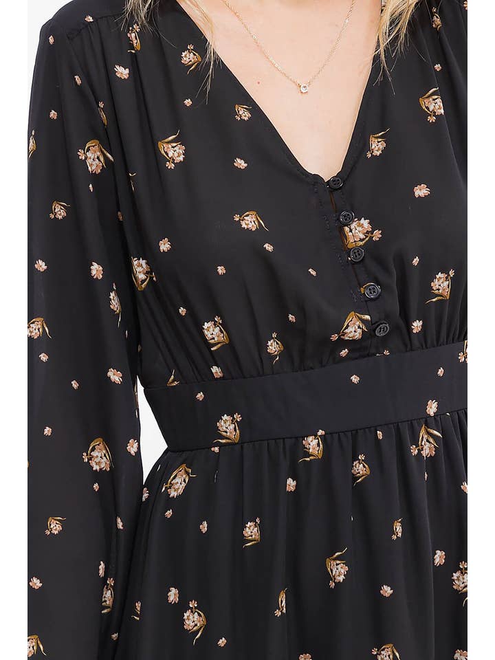 Black FLORAL PRINT V NECK BUTTON UP MIDI DRESS for wholesale on Faire3