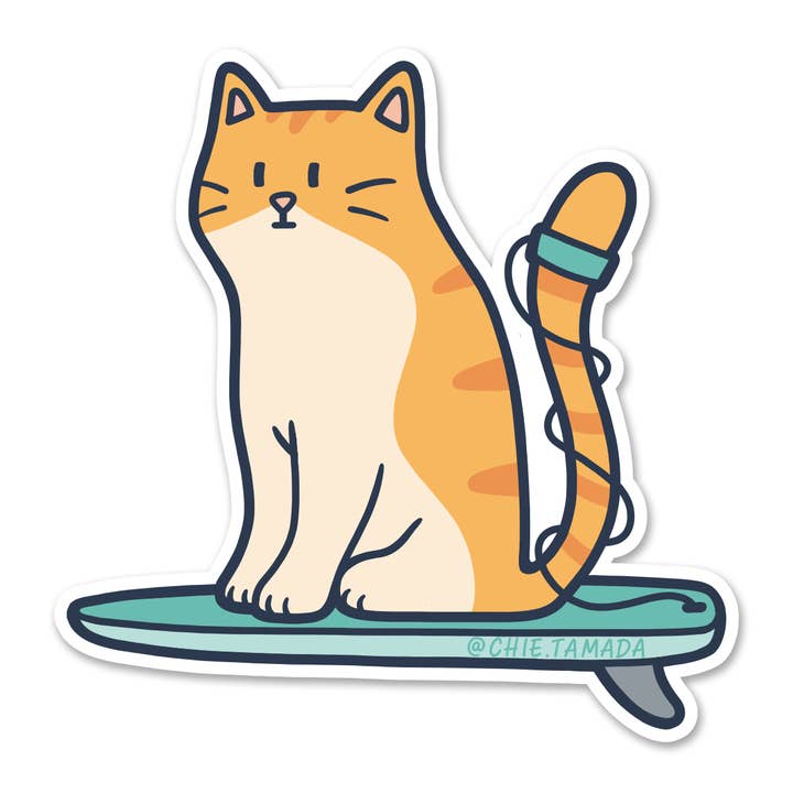 Striped Orange Surfer Cat Sticker for wholesale by Chie Tamada