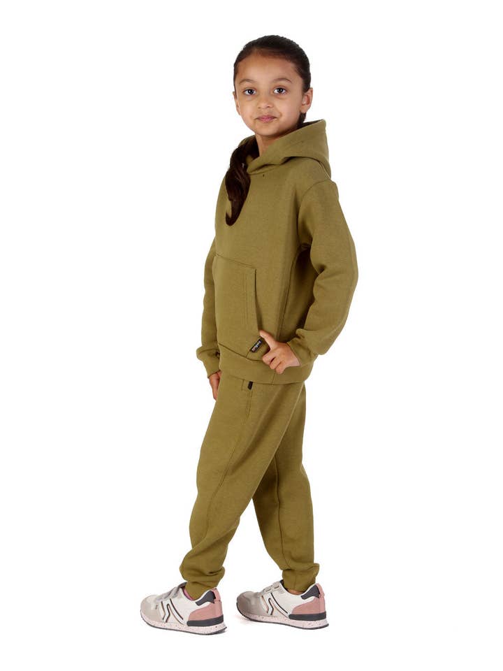 Trendy Toggs Kids Overhead Hoodie Olive Green Tracksuit for wholesale on Faire