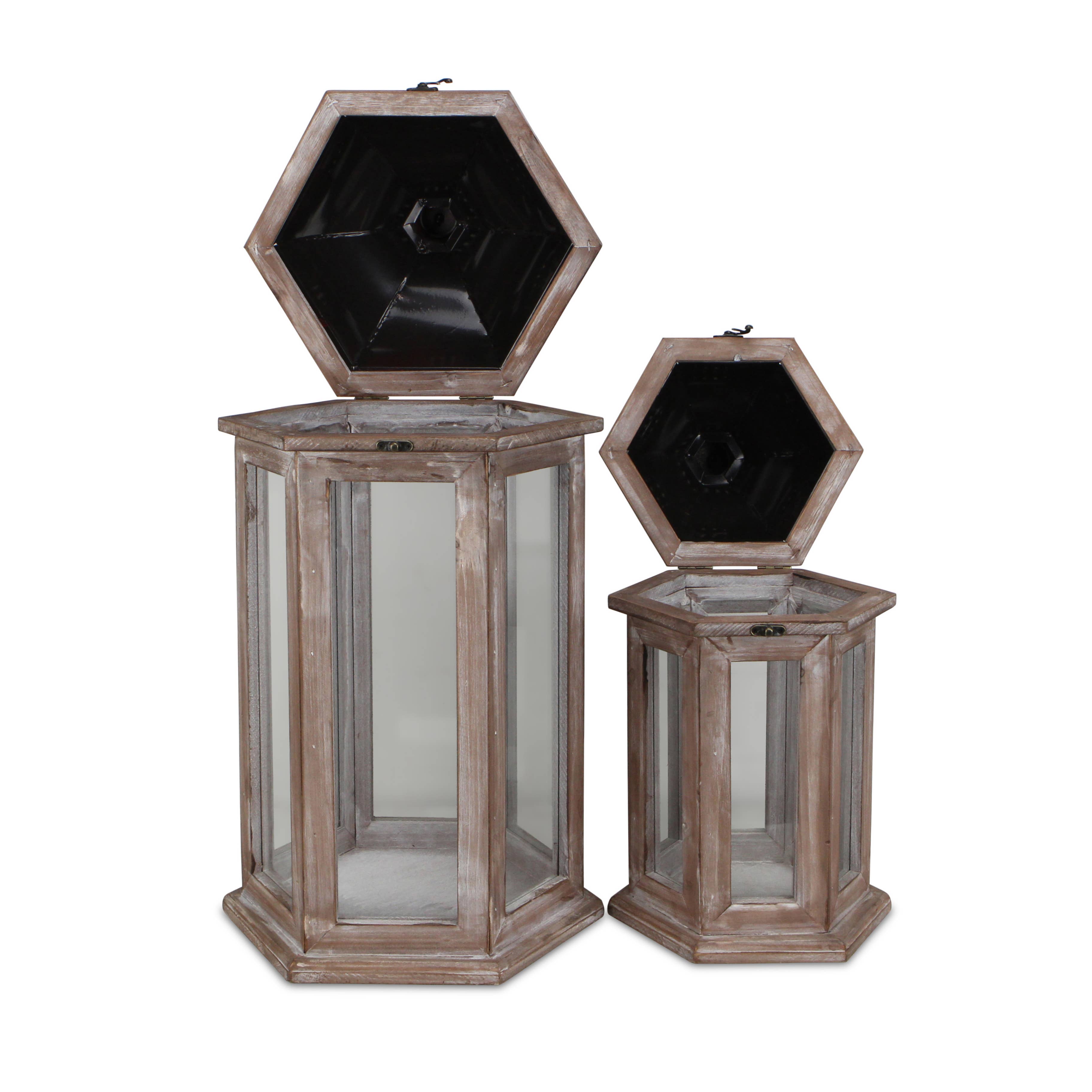 Cheungs Home Decor - Wholesale Lantern - Effie Set of 2 Hexagon Lanterns with Black Metal Tops2