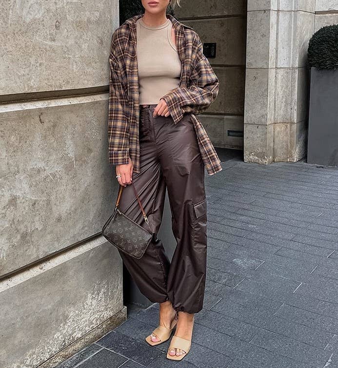 Khaki Loose American vintage long design plaid shirt for wholesale on Faire3