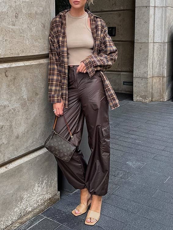 Khaki Loose American vintage long design plaid shirt for wholesale on Faire3