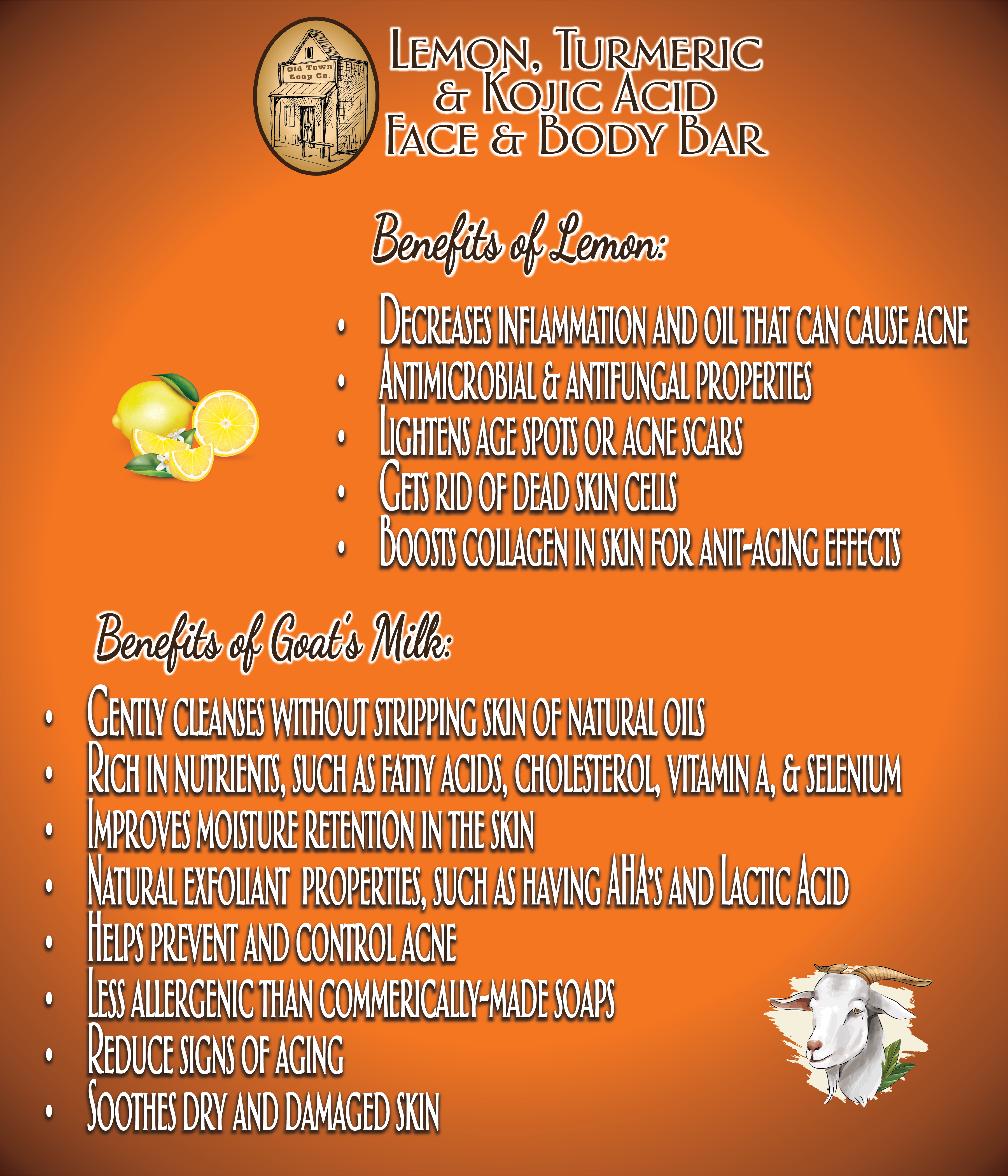 Old Town Soap Co. – wholesale Tvål – Citron, gurkmeja och kojinsyra ansikts- och kroppsbar7