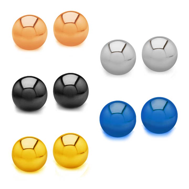 Multi Color Plated Stainless Steel Ball Earrings - 5 Pairs for wholesale by West Coast Jewelry