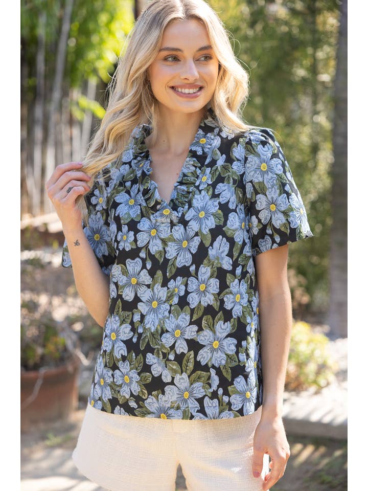 Blue 35286 Floral Jaquard Ruffle V Neck Top for wholesale on Faire