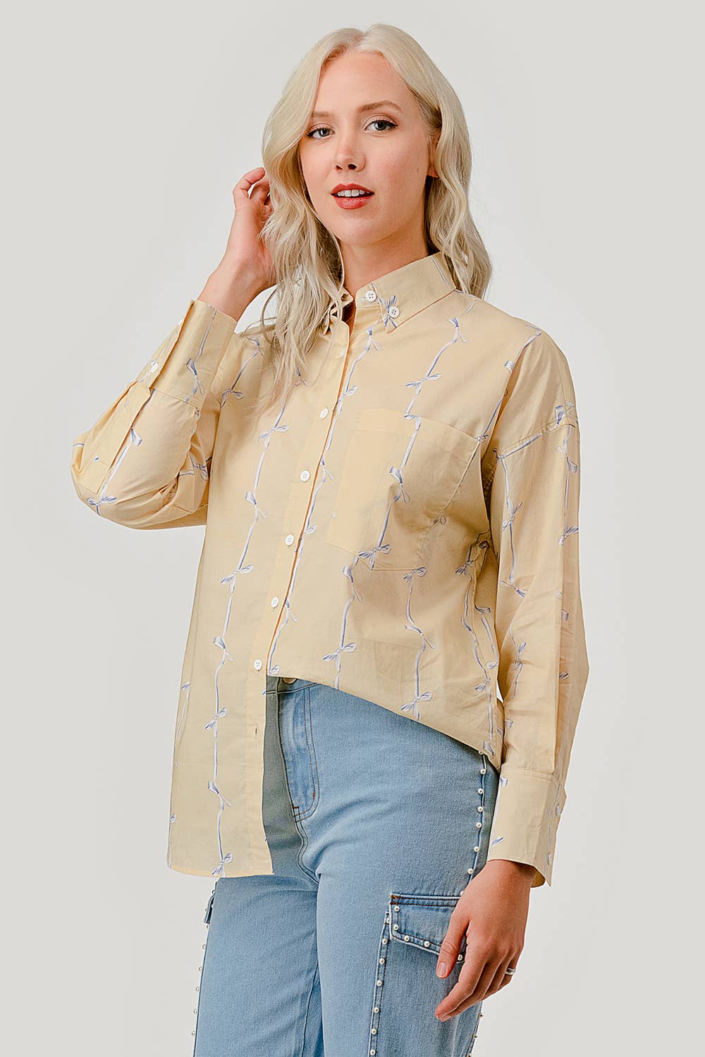GeeGee x Lovelo - Wholesale Button Down Shirt - Women's - Ribbon Stripe Pattern Button-Up Shirt, OT509181