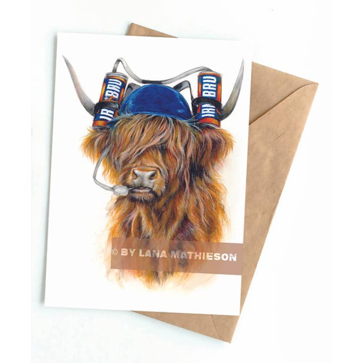 Art by Lana Mathieson – Engroshandel Hverdagshilsen kort – A Coo wi' a Bru (hilsen kort) | Highland cattle-kort