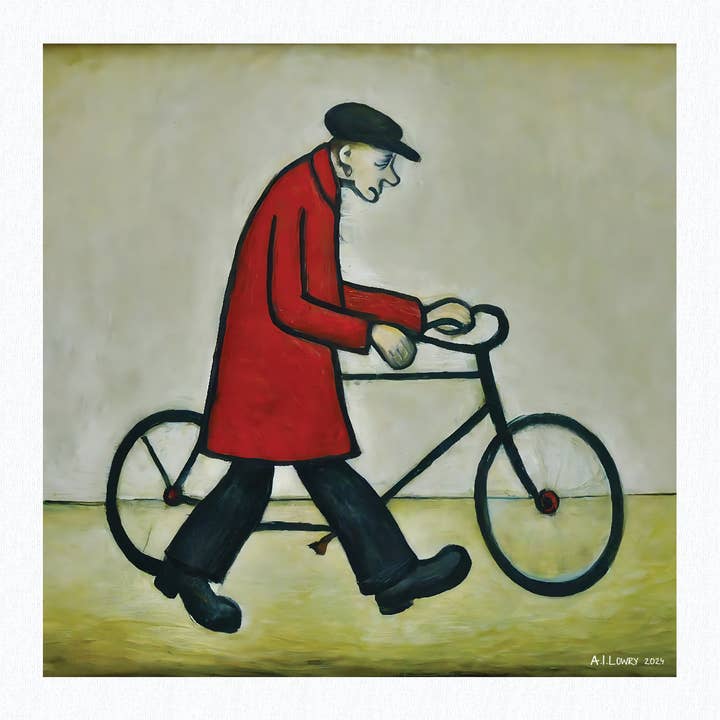 Bicycle Man - Giclée Art Print 21cm Square. Charming Image in the Style Of LS Lowry for wholesale by AI Lowry