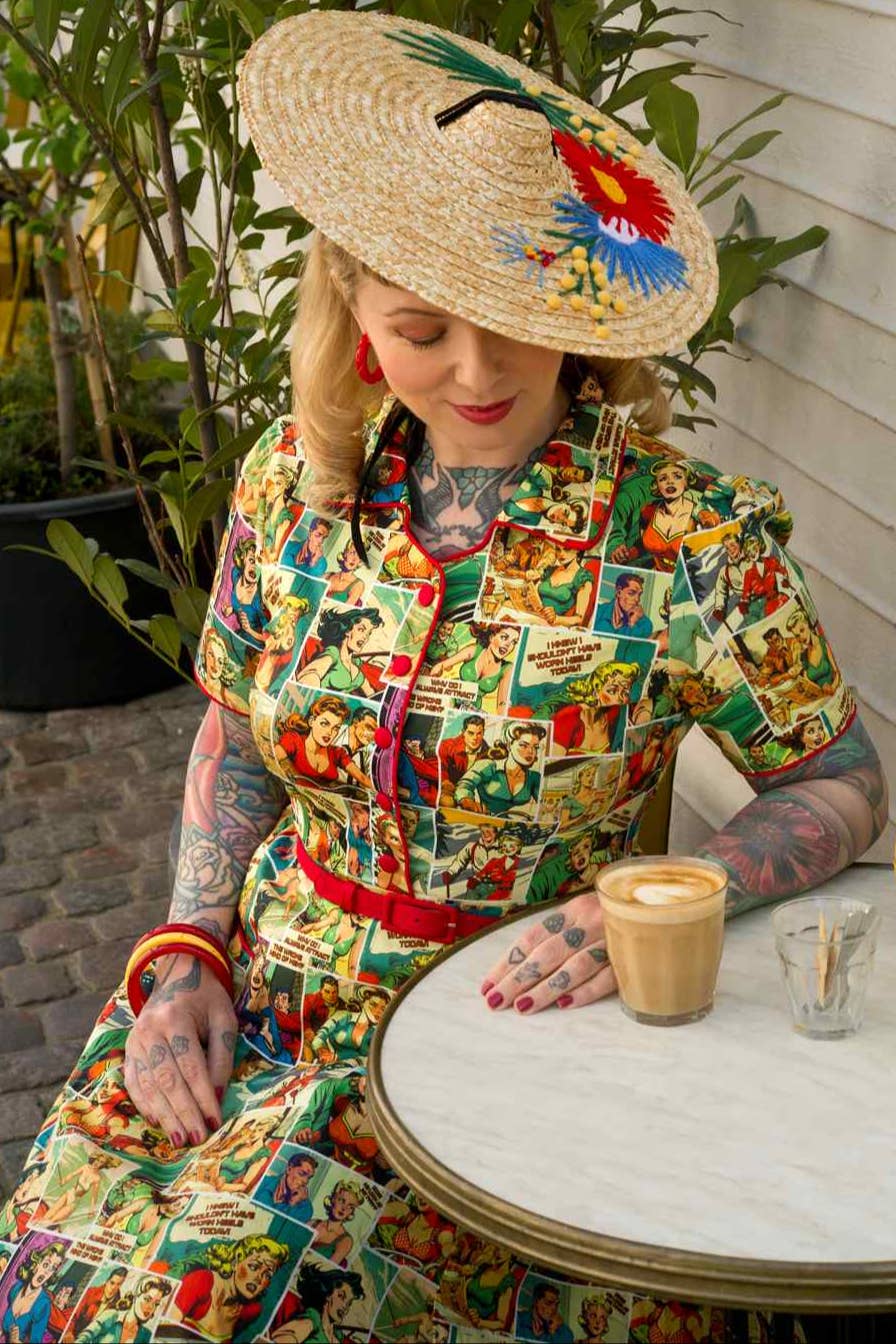 Dolly & Dotty - Wholesale Dress - Women's - Penelope II Yellow Rockabilly Comic Print Shirt Dress4