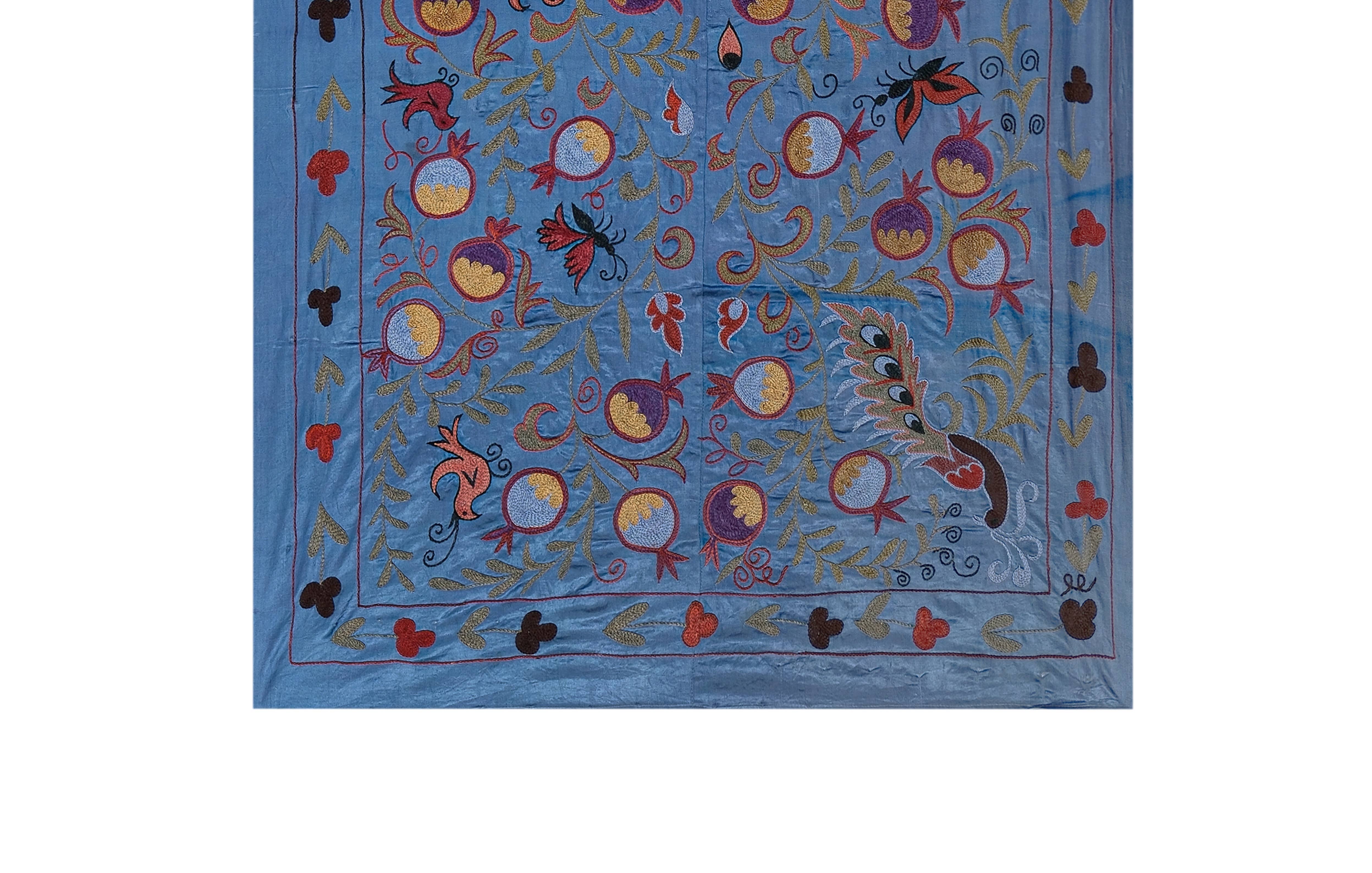 Vintage Pillows Store – wholesale Table runner – 1960s Silk Suzani Blue Runner With Tree of Life Pattern3
