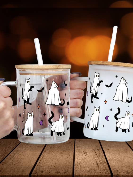 Bicchiere in Vetro con Gatti Fantasma di Halloween, Tazza da Caffè con Gatto Fantasma, Regalo di Halloween, Tazza da Caffè Freddo, Tazza da Caffè per la Stagione Spettrale per la vendita all'ingrosso da parte di MySunshineCandless