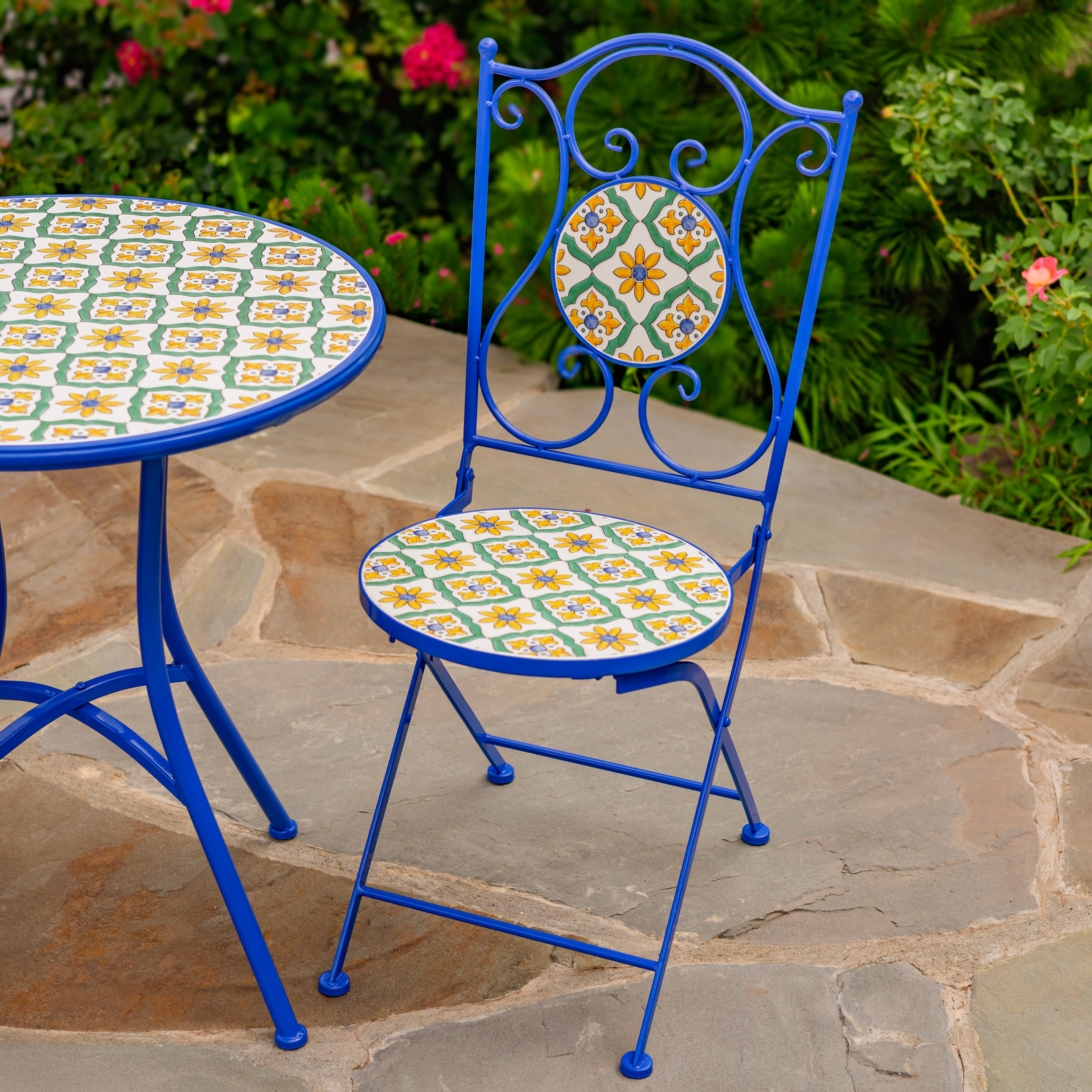 Zaer Ltd. International - Wholesale Patio Set - "Nantucket" Mosaic Bistro Set - 3PC/Set - White/Yellow/Blue2