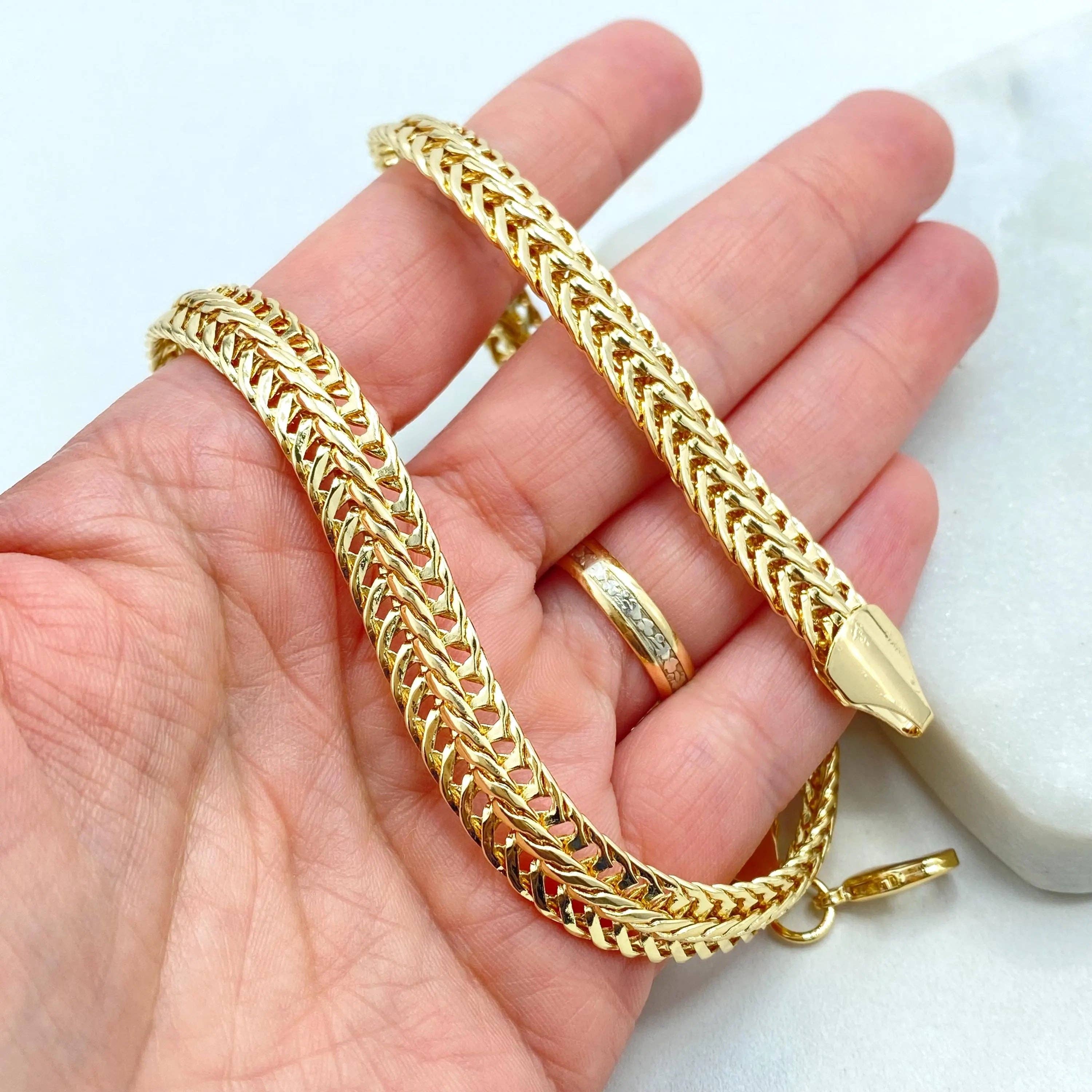 Luxus Accessories - Wholesale Jewelry Set - 18k Gold Filled Herringbone Chain Jewelry Set, Necklace Bracelet and Earrings, Flat Polished Gold Design6