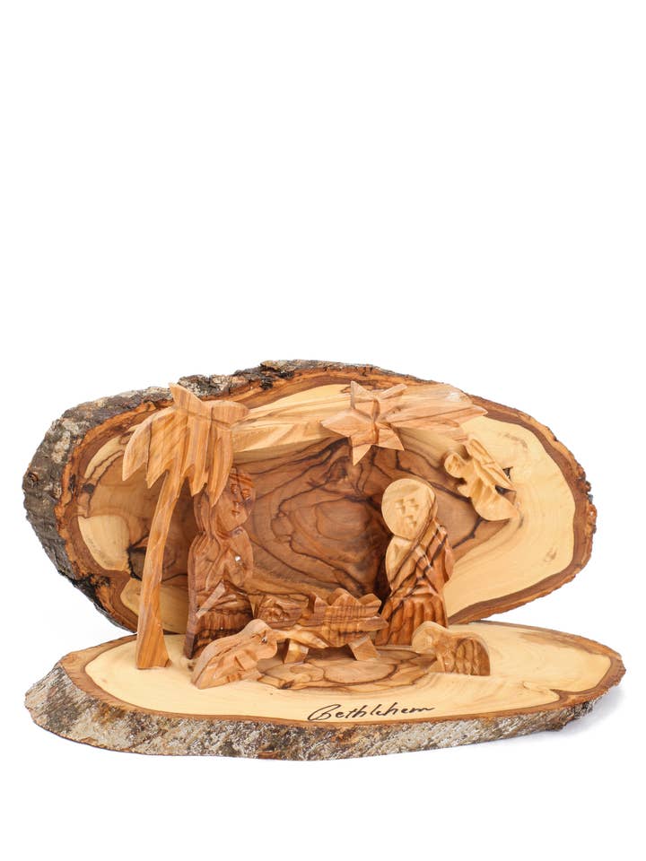 Olive Wood Nativity Scene_ Carved Oval Grotto for wholesale by Holyland Artisans
