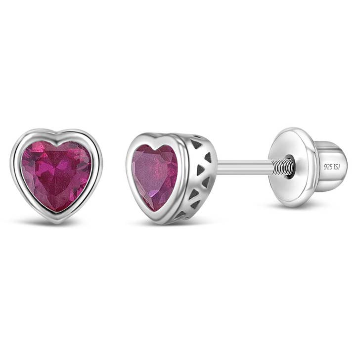 In Season Jewelry - Wholesale Earrings - Kids - CZ Birthstone Heart Toddler Kids Earrings - Sterling Silver