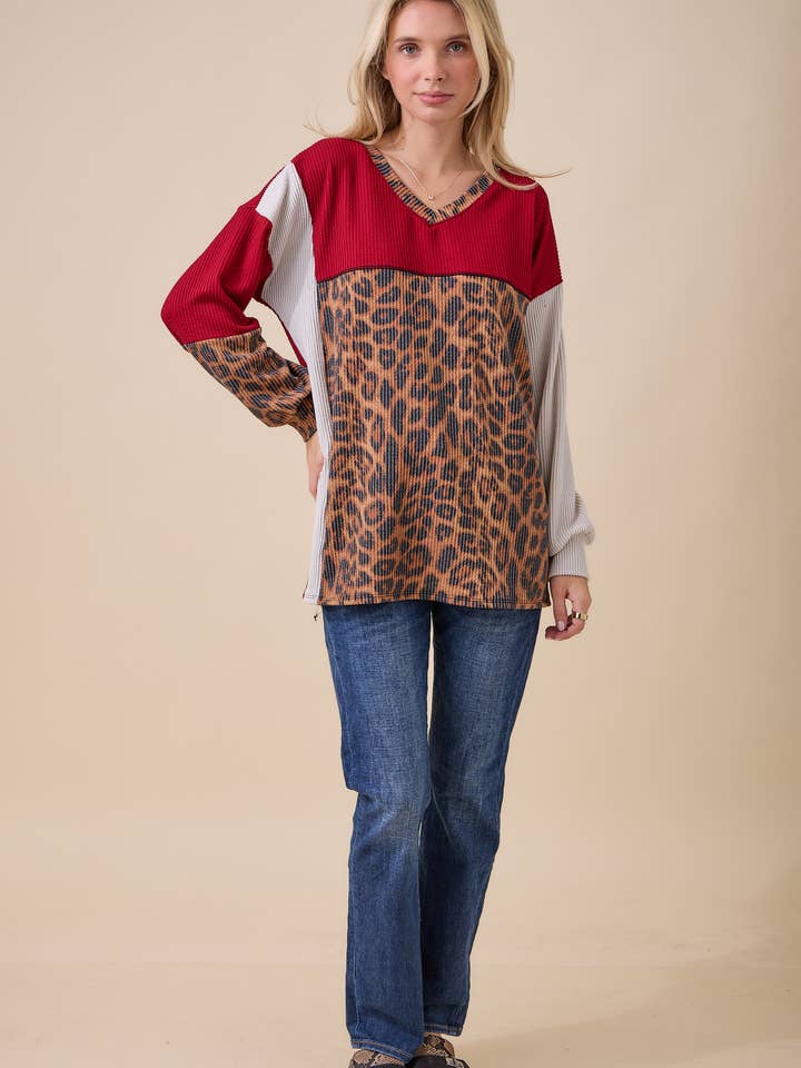Celeste Clothing - Wholesale Knit Top - Women's - WOMEN'S RIB COLOR BLOCK ANIMAL PRINT LONG SLEEVE TOP26