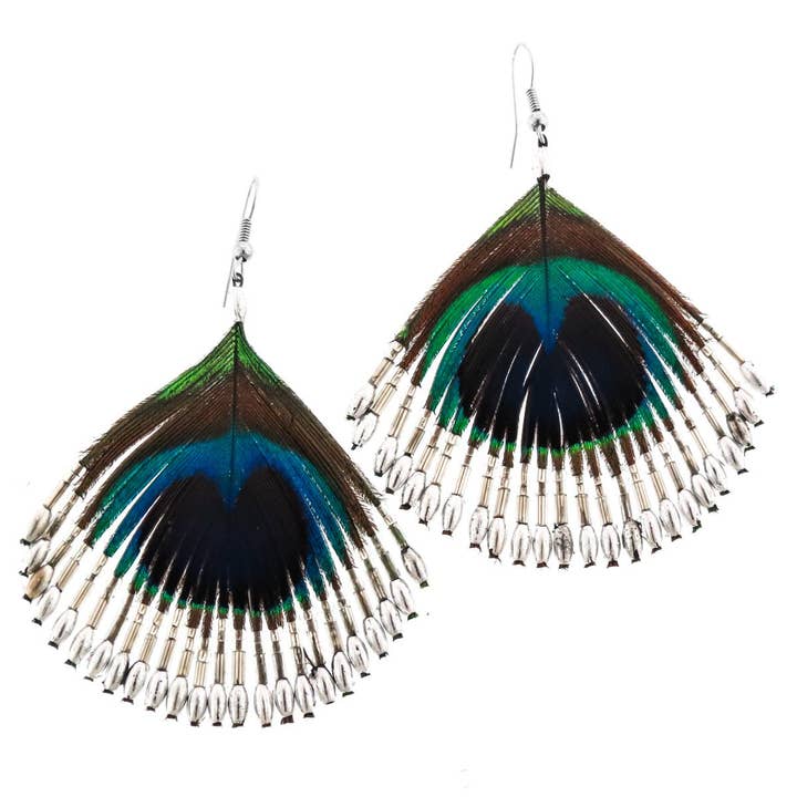 extra large iridescent peacock feather silver beads earrings, 2 1/2" for wholesale by FifiRose