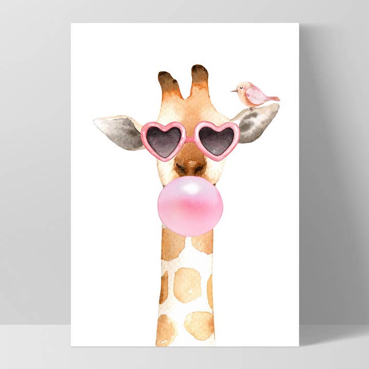 PRINT AND PROPER – wholesale Art print – Giraffe Sunglasses Art Print. Pink Bubblegum Nursery decor