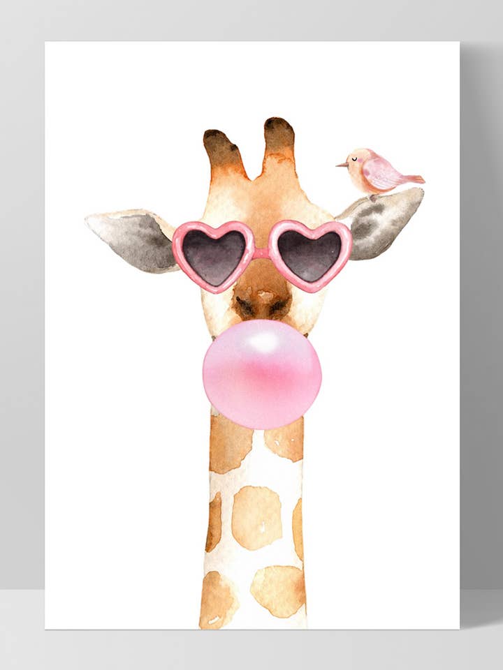 Giraffe Sunglasses Art Print. Pink Bubblegum Nursery decor for wholesale by PRINT AND PROPER