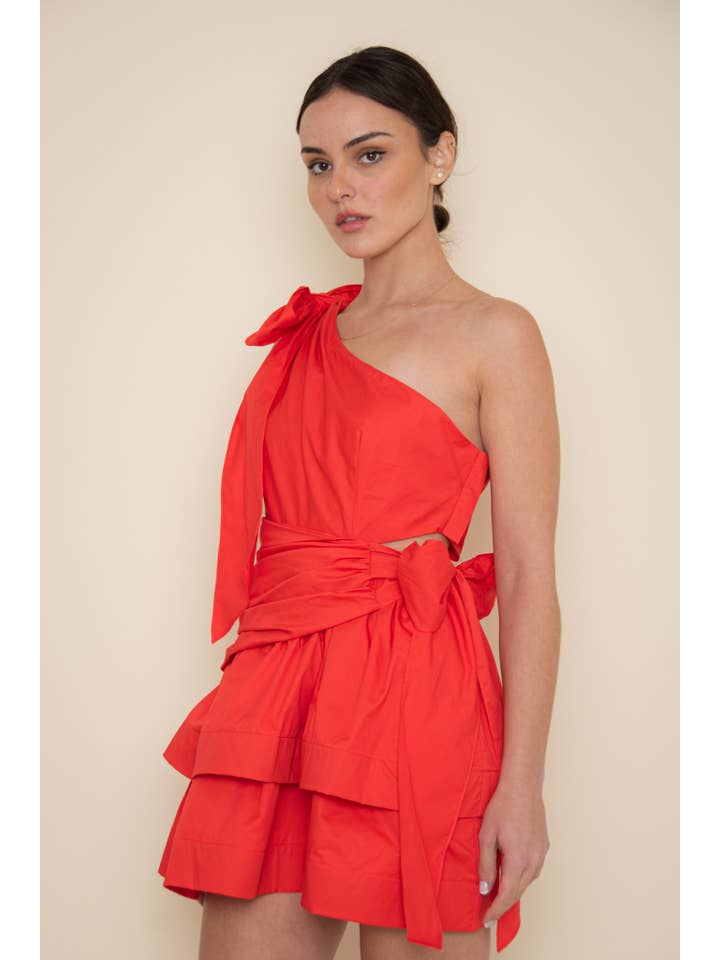 TOMATO RESORT ASYMMETRICAL SHOULDER BOW TIE MINI DRESS-DI10125FO for wholesale on Faire