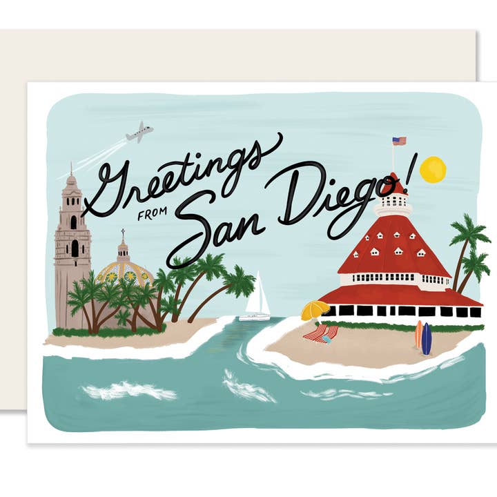 Biglietto di auguri per tutti i giorni Greetings from San Diego per la vendita all'ingrosso da parte di Slightly Stationery