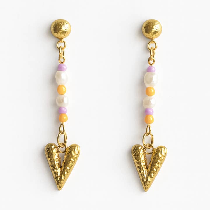 Candy Hearts & Pearls – 18K Gold Dangle Earrings with Freshwater Pearls & Colourful Shells for wholesale by Lucy Andy Jewellery