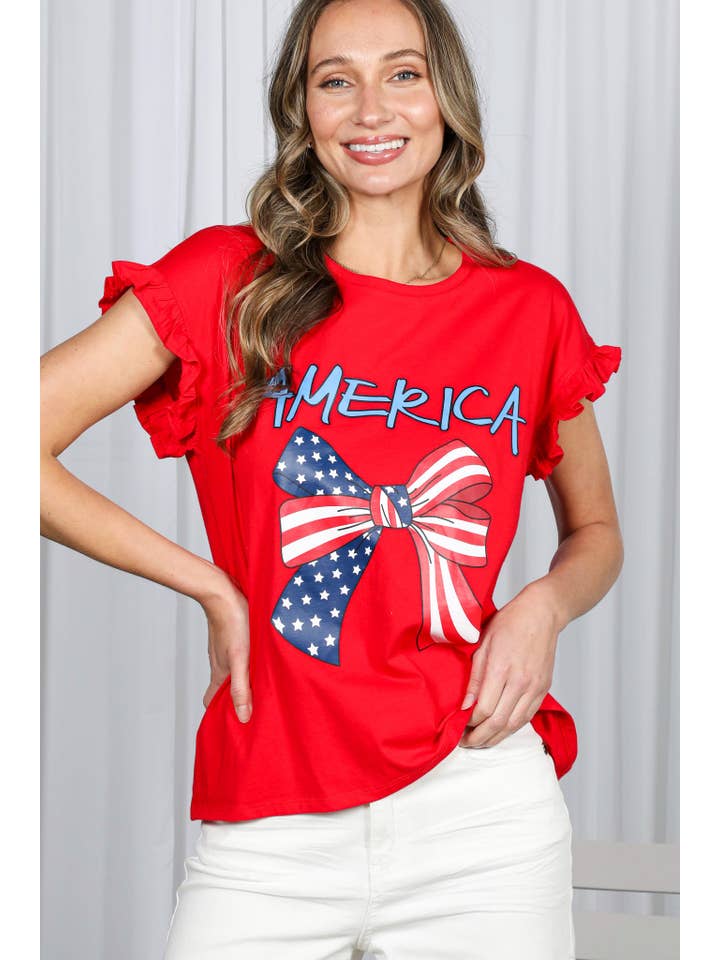 Vine & Love - Wholesale Screen Printed T-Shirt - Women's - American Flag Bow Graphic Crew Neck 100% Cotton Top VT82411A
