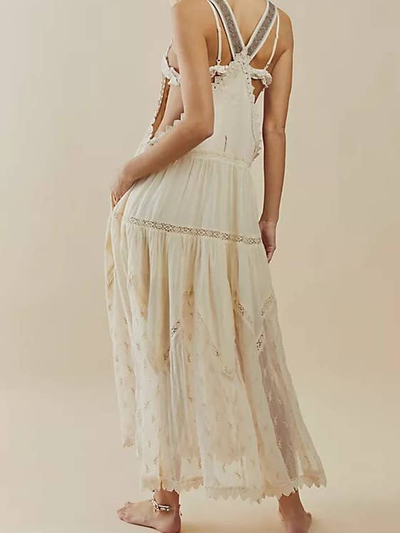 Rosa Clothing - Wholesale Overalls - Women's - Bohemian Flowy Lace tiered Bib Maxi Dress