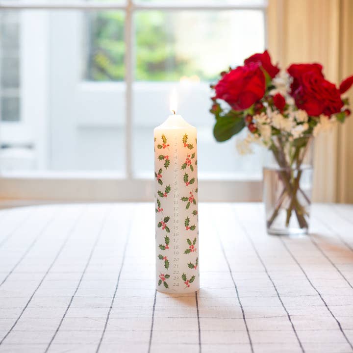 Talking Tables USA - Wholesale Pillar Candle - Holly Christmas Pillar Advent Candles| Holiday Candles |1
