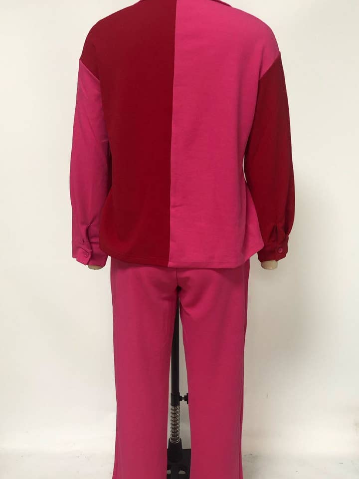 HIDDENBRAND - Wholesale Top & Pant Set (NOT Loungewear) - Women's - contrast color block shirt wide leg pant 2 piece set10