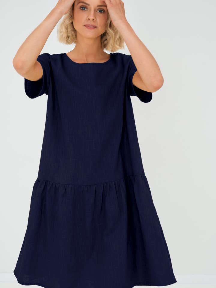 Vestido de lino, vestido azul oscuro, vestido midi, vestido acampanado para venta al por mayor de LeMuse