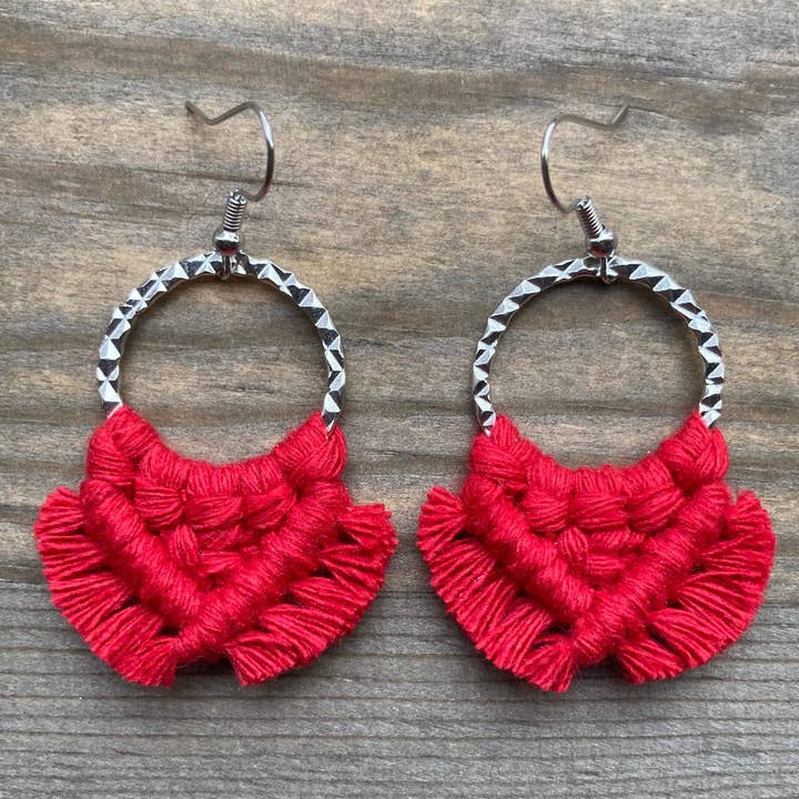 Small Square Knot Fringe Earrings - Red & Silver for wholesale by HK Macrame Jewelry
