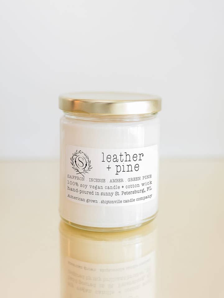 Leather + Pine 9oz Soy, Candle hand-poured for wholesale by Shiptonville Candle Company