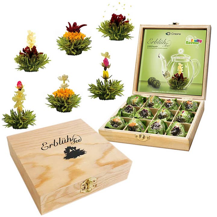 Creano - Wholesale Tea Bags - Creano tea flowers gift set in wooden tea box 12 blooming tea1