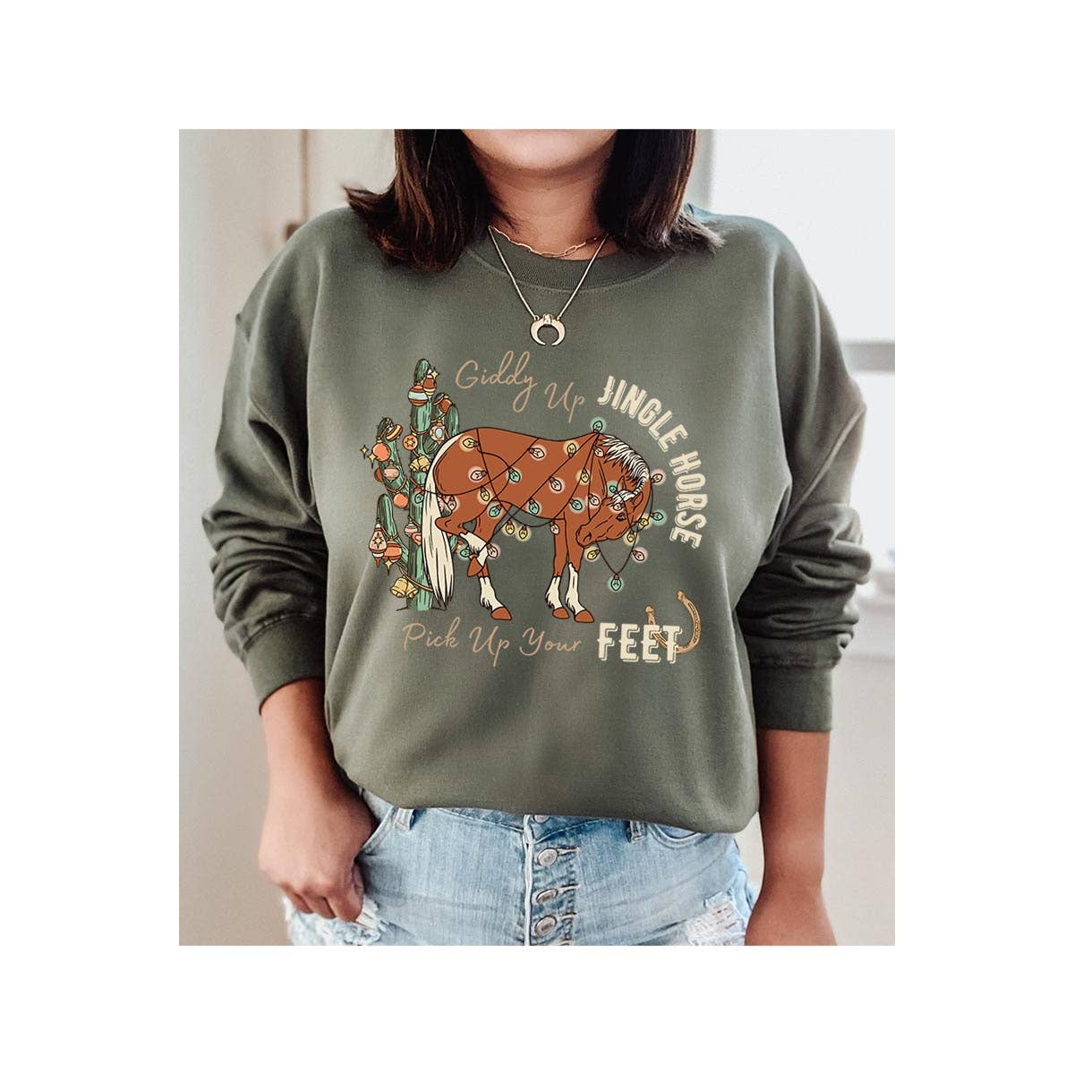 COLORBEAR – Engroshandel Grafisk Sweatshirt - Dame – Giddy Up Jingle Horse jule-unisex sweatshirt med fleece3