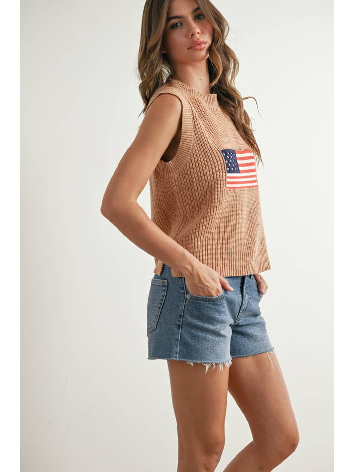 BUTTERMELON - Wholesale Knit Sweater - Women's - Flag Print Knitted Sleeveless Sweater - BMW7749
