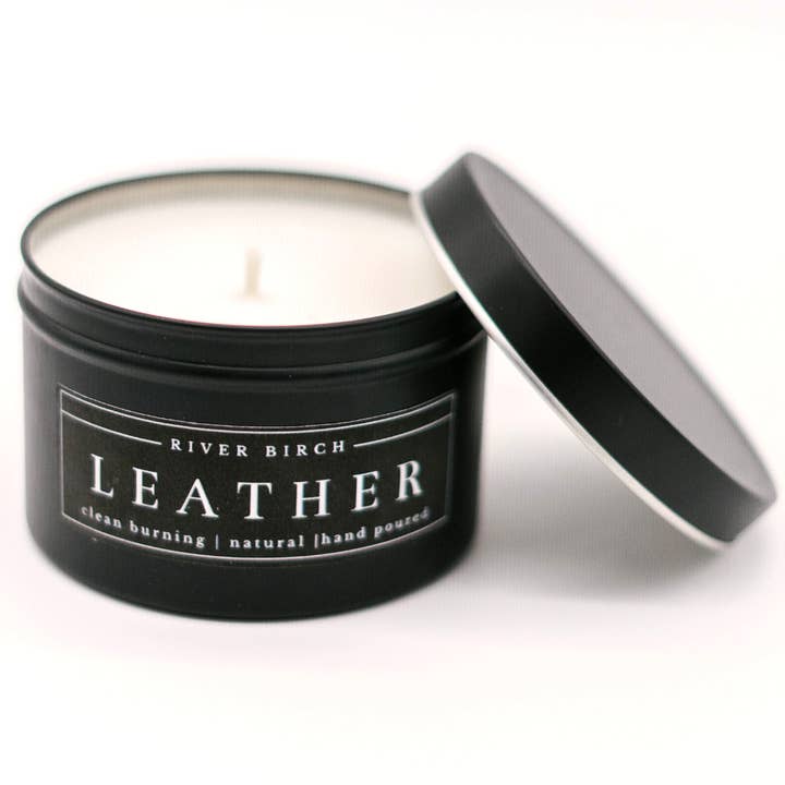 Vela de soja de lata negra de cuero de 8 oz para venta al por mayor de River Birch Candles