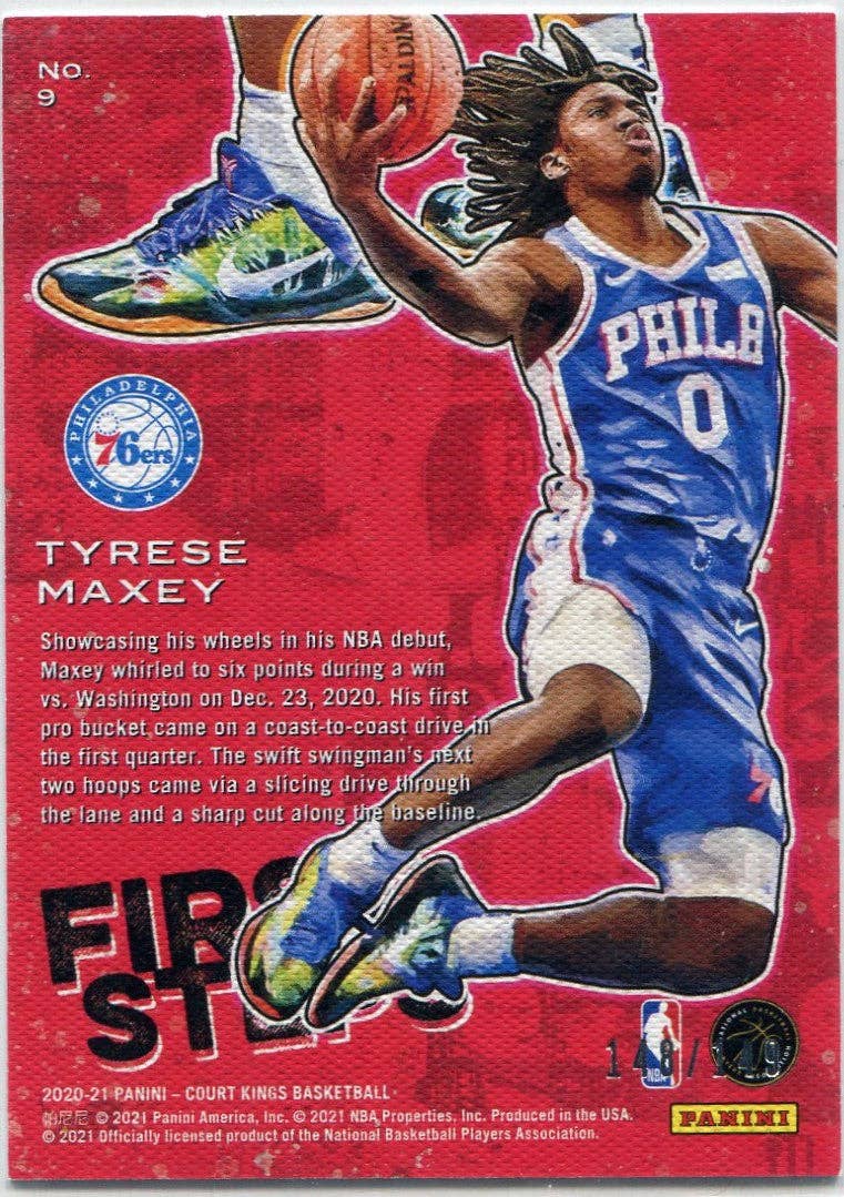 Hollywood Collectibles - Wholesale Sporting Accessories - Tyrese Maxey 2020 - 2021 Panini Court Kings First Steps Ruby Parallel RC #9 148/1491