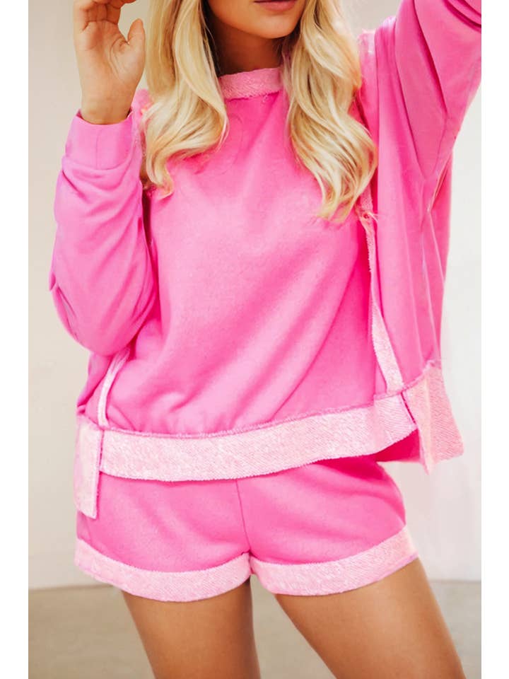 Rose Ensemble deux pièces patchwork à manches longues avec pull et short en vente sur Faire1