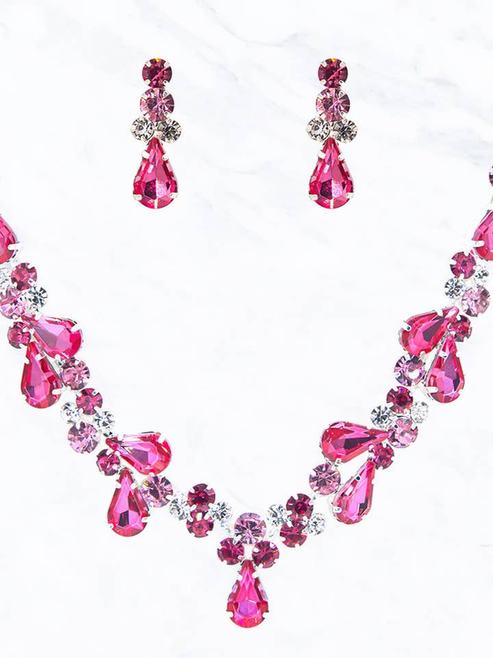 Halbstein-Halsketten-Ohrring-Set in Rosa für den Großhandel von Suzie Q USA