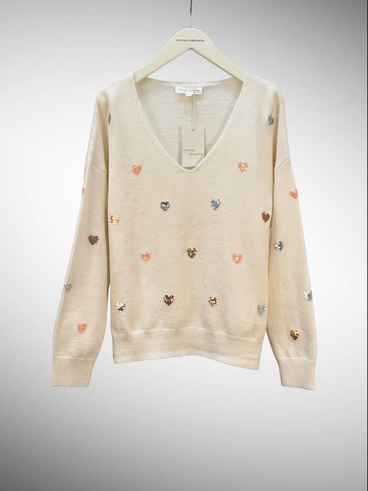 Moov Group - Wholesale Knit Sweater - Women's - Long-sleeve sweater with V-neck and heart sequins S293