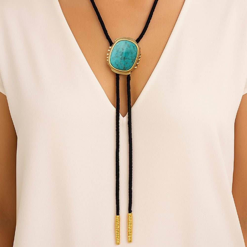 Barse Jewelry - Wholesale Pendant/Charm Necklace - Rawlins Blue Turquoise Black Leather Golden Bolo Necklace1
