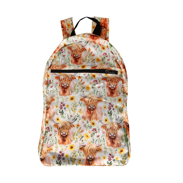 B116BG - Mochila Plegable Ligera Eco Chic Floral Vaca de las Tierras Altas Beige (Paquete de 2) para venta al por mayor de Eco Chic