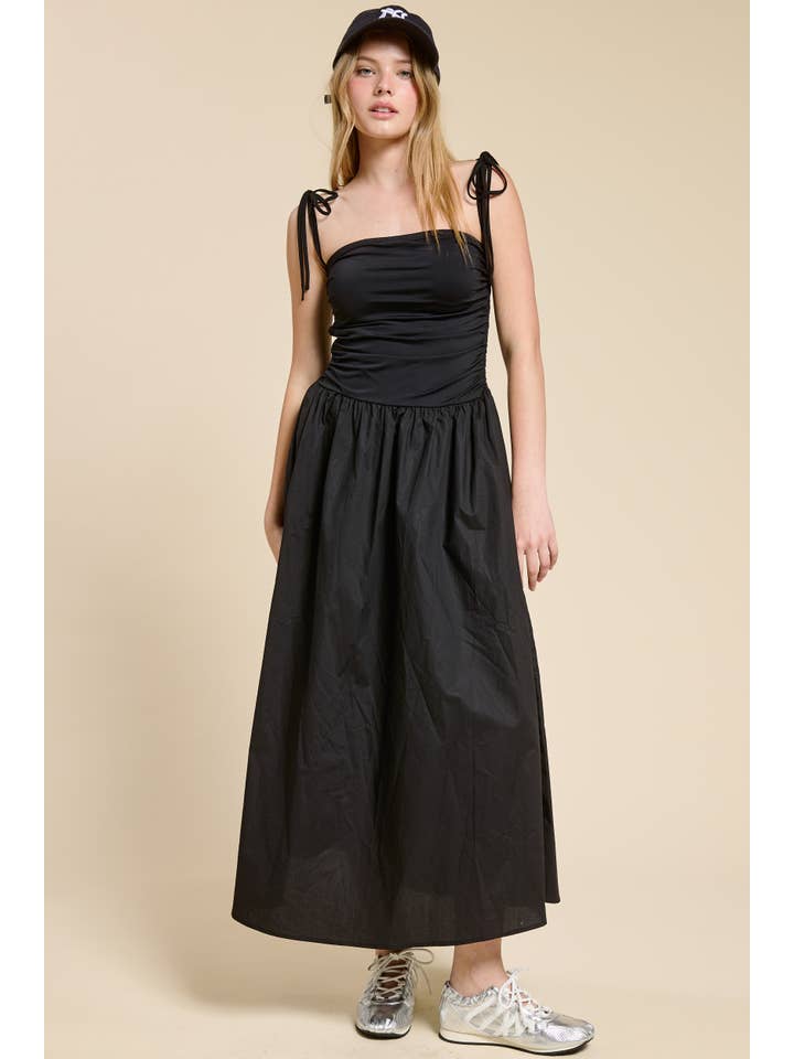 Mimosa - Wholesale Dress - Women's - Ruched Bodice Flared Midi Dress with Ribbon Straps