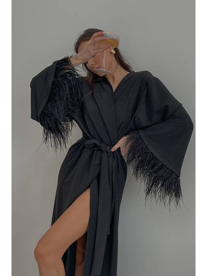 Angie's Showroom – wholesale Kimono – Women's – Aster black shiny kimono robe with feathers sleeves3