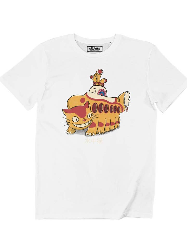 T-shirt Ghibli Cat Submarine blanc 100% coton bio GOTS pour la vente par Grafitee